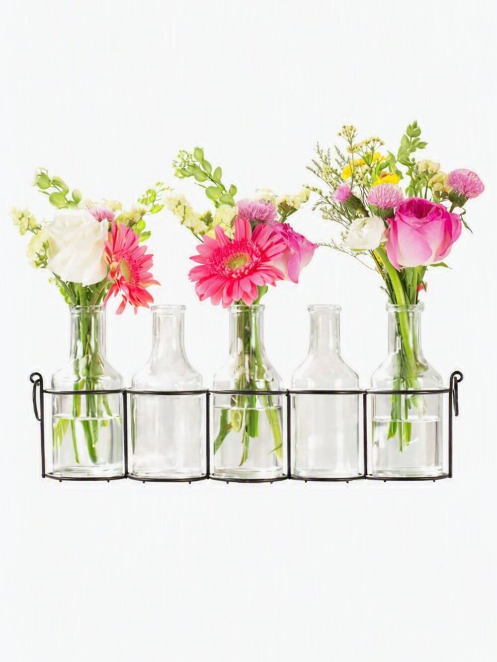 Kirkland's 5 Clear Glass Mini Vases with Black Metal Rack NWT